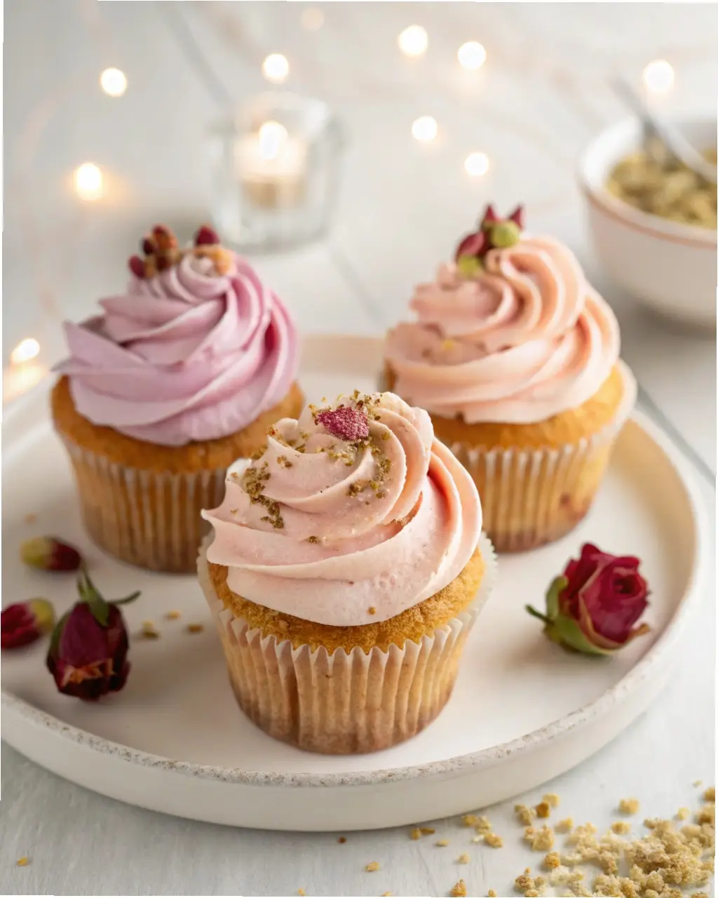 Pistachio Rose Swirl Cupcakes