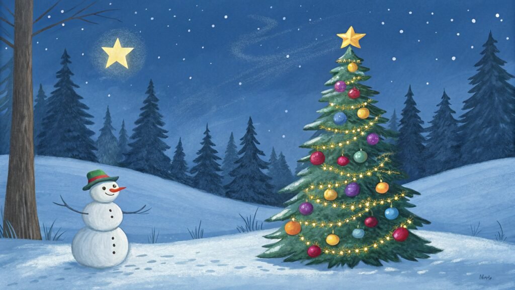 This image shows a charming winter landscape painting featuring a decorated Christmas tree in a snowy forest setting. In the foreground, there's a Christmas tree adorned with colorful ornaments and lights, standing in a clearing surrounded by tall evergreen trees silhouetted against a deep blue night sky. To the left of the tree is a cheerful snowman. The scene is completed with falling snow, a bright yellow star in the sky, and a peaceful nighttime ambiance. The painting style is somewhat whimsical and festive, capturing the magical essence of Christmas in a winter wonderland.