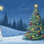 This image shows a charming winter landscape painting featuring a decorated Christmas tree in a snowy forest setting. In the foreground, there's a Christmas tree adorned with colorful ornaments and lights, standing in a clearing surrounded by tall evergreen trees silhouetted against a deep blue night sky. To the left of the tree is a cheerful snowman. The scene is completed with falling snow, a bright yellow star in the sky, and a peaceful nighttime ambiance. The painting style is somewhat whimsical and festive, capturing the magical essence of Christmas in a winter wonderland.