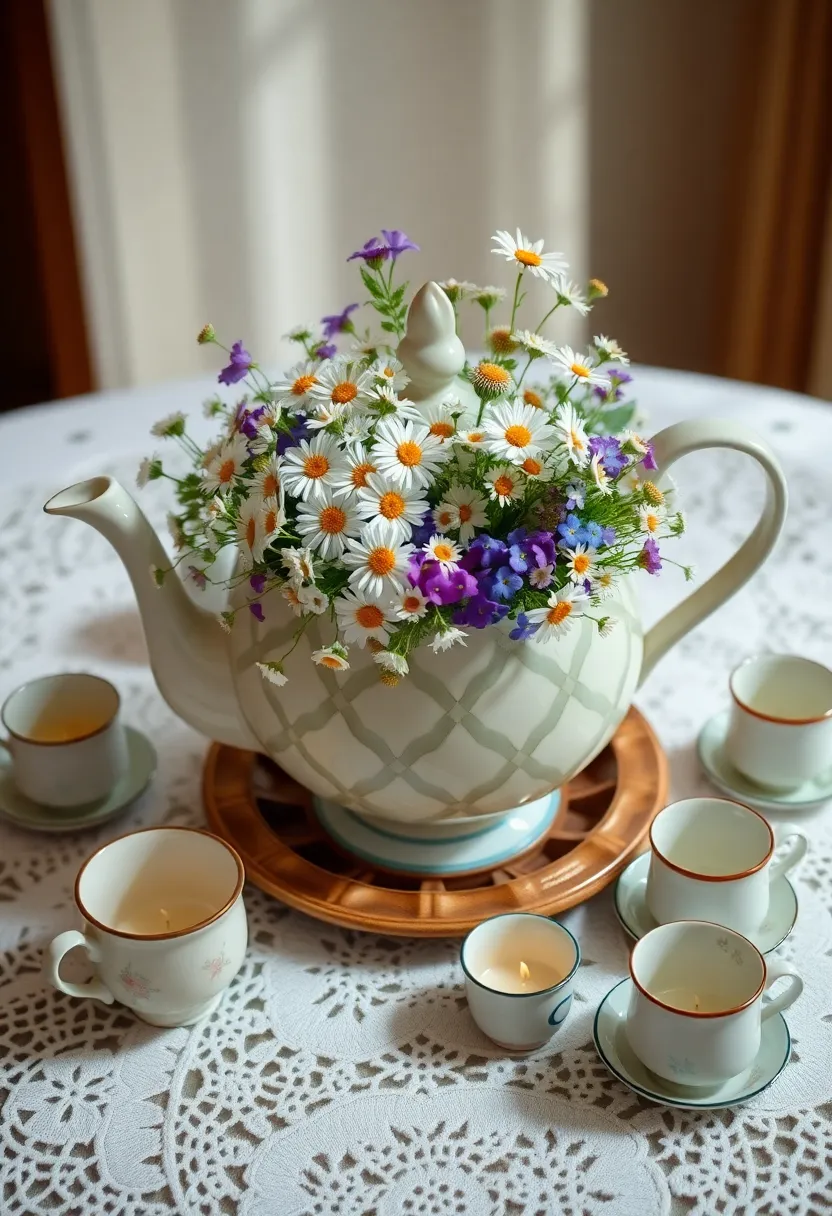 14 Jaw-Dropping Rococo Centerpieces That'll Steal the Show at Your Party! - 4. Vintage Teapot Floral Display