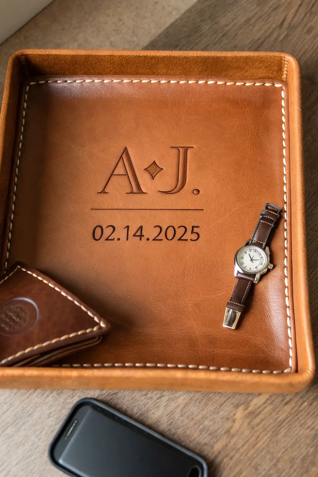Engraved Leather Valet Tray