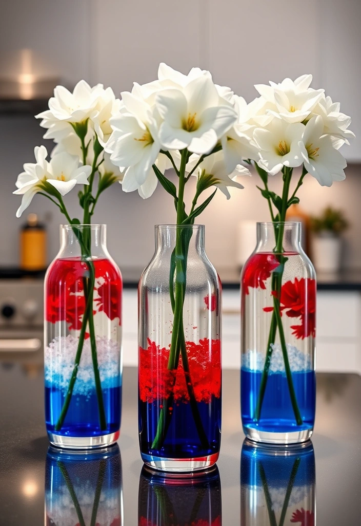 11 Creative Memorial Day Kitchen Centerpieces That Will Wow Your Guests! - 11. Simple Glass Vases with Food Coloring