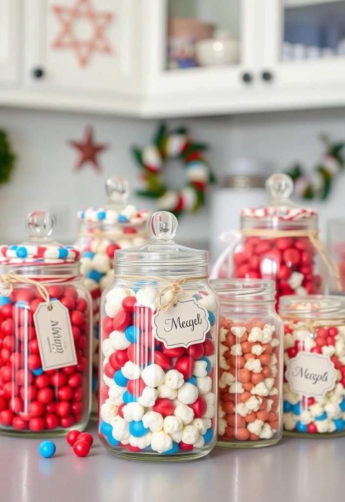 11 Creative Memorial Day Kitchen Centerpieces That Will Wow Your Guests! - 5. Glass Jars of Red, White, and Blue Treats