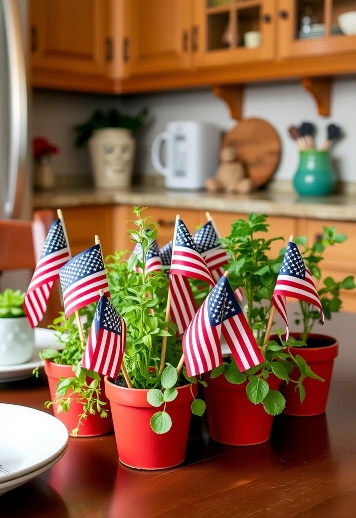 11 Creative Memorial Day Kitchen Centerpieces That Will Wow Your Guests! - 7. Mini American Flags in Flower Pots