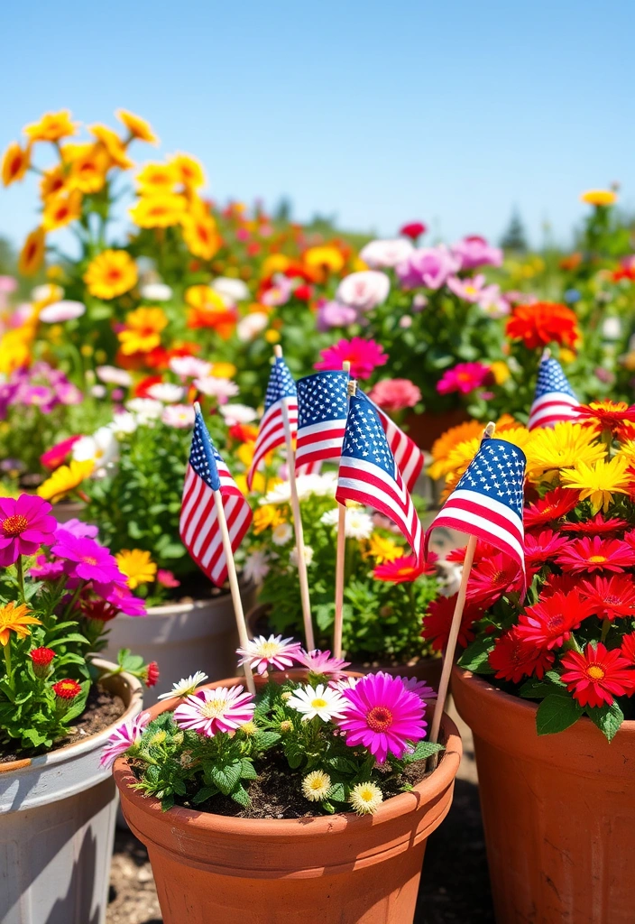 14 Creative Ways to Display American Flags This Memorial Day (You'll Love #6!) - 3. Flag Display in Flower Pots