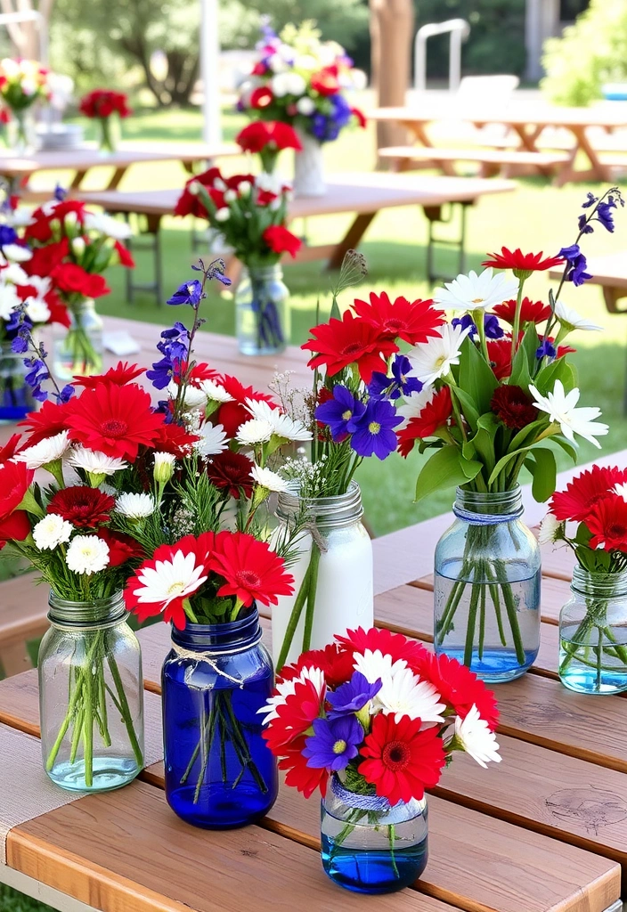 15 Memorable Outdoor Memorial Day Decoration Ideas for the Ultimate Backyard Bash (#4 Is a Must-See!) - 9. Red, White, and Blue Flower Arrangements