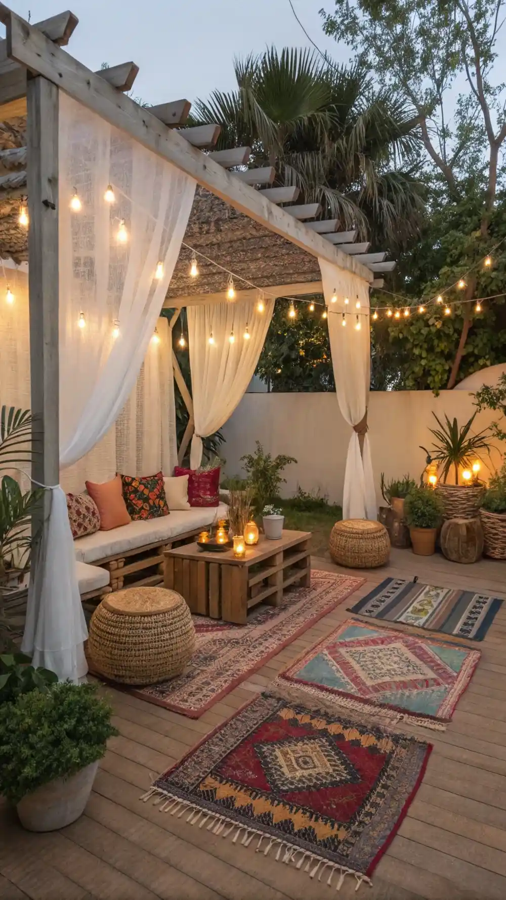 Boho-Chic Outdoor Living Space with Hanging Lanterns