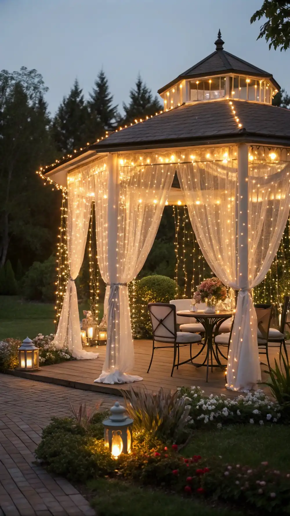 Cascading Fairy Lights on a Backyard Gazebo
