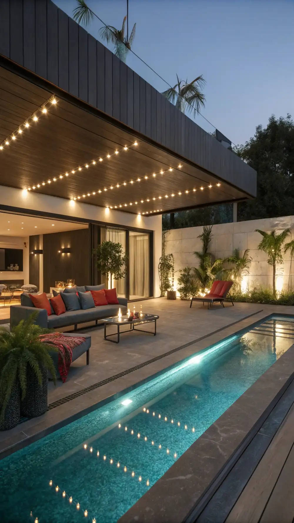 Contemporary Modern Poolside Lounge with LED Strip Lights
