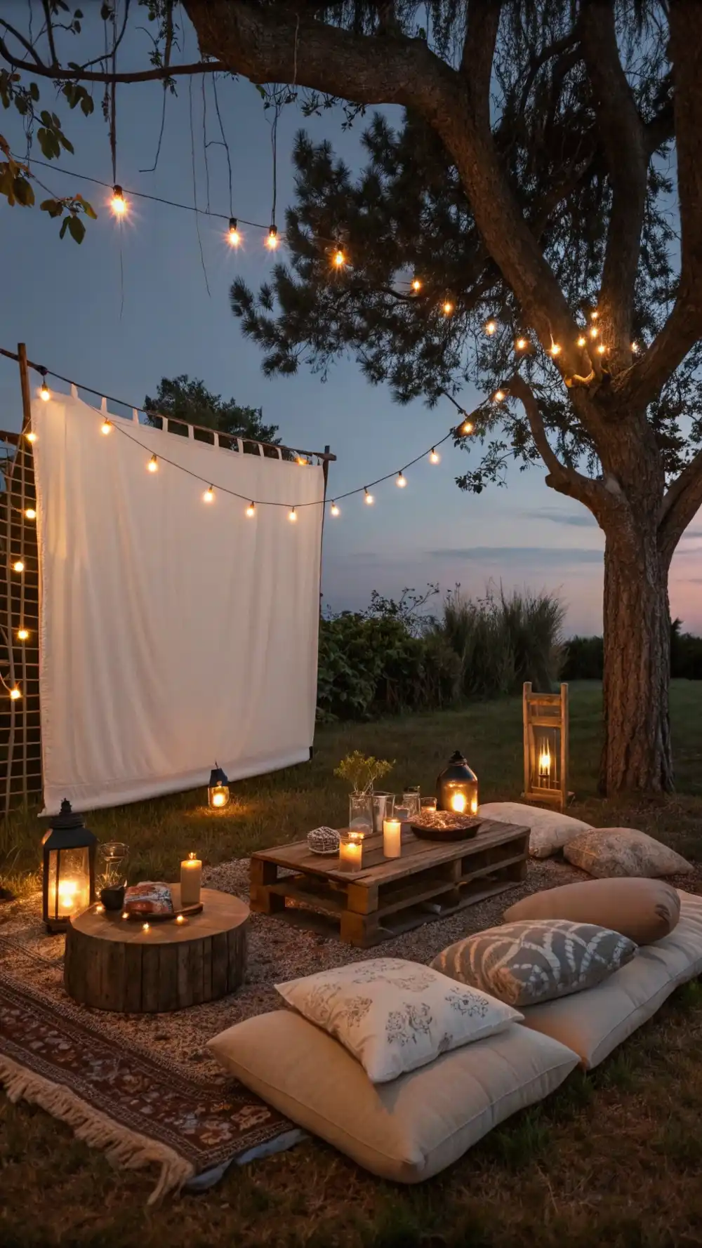 Curtain of Twinkle Lights for a Backyard Movie Night