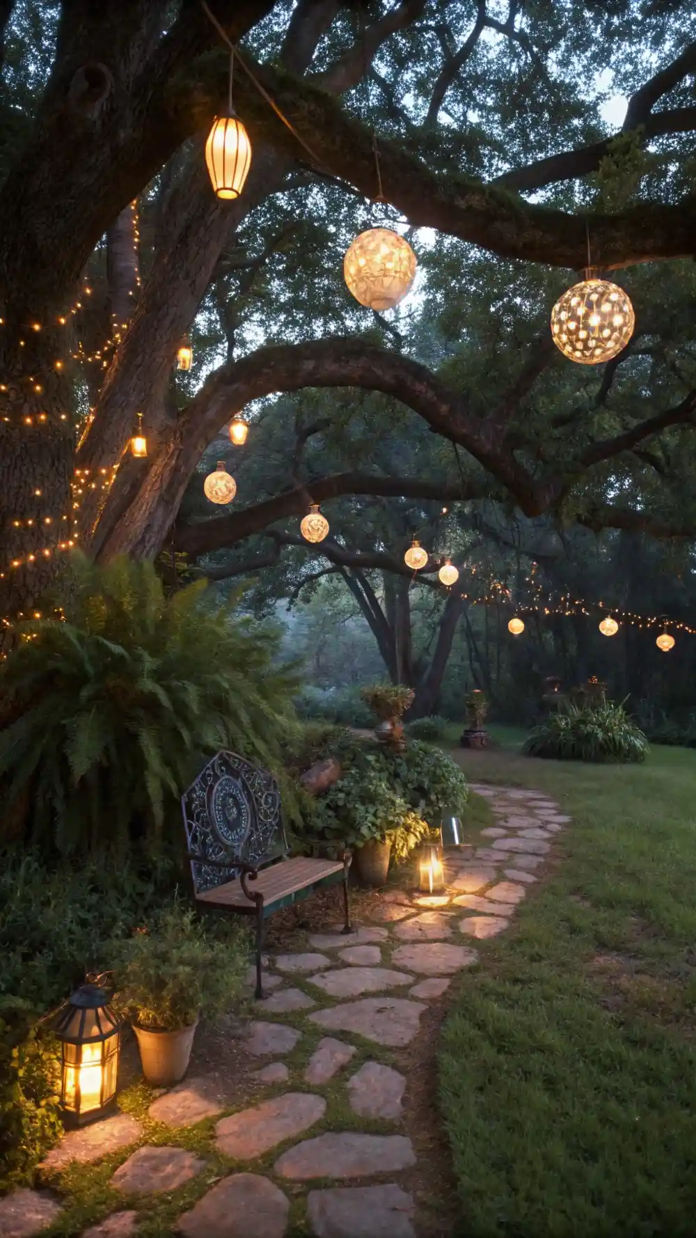 Enchanted Tree Canopy with Hanging Orbs of Light