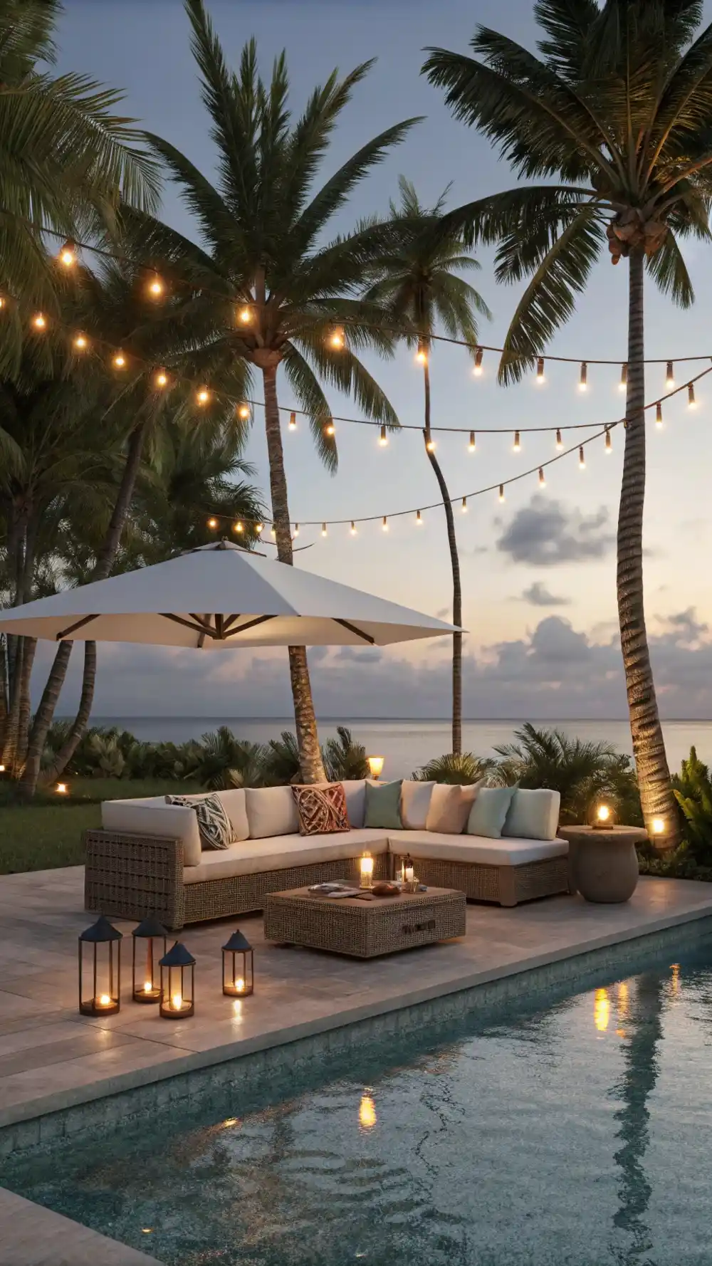 Festoon Lights Draped Over a Poolside Lounge