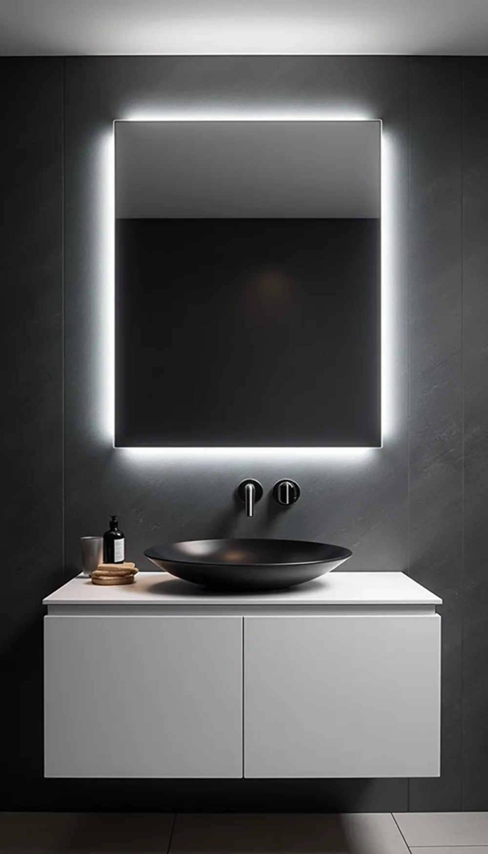  Frameless Mirror with Waterfall LED Lighting on Top and Bottom