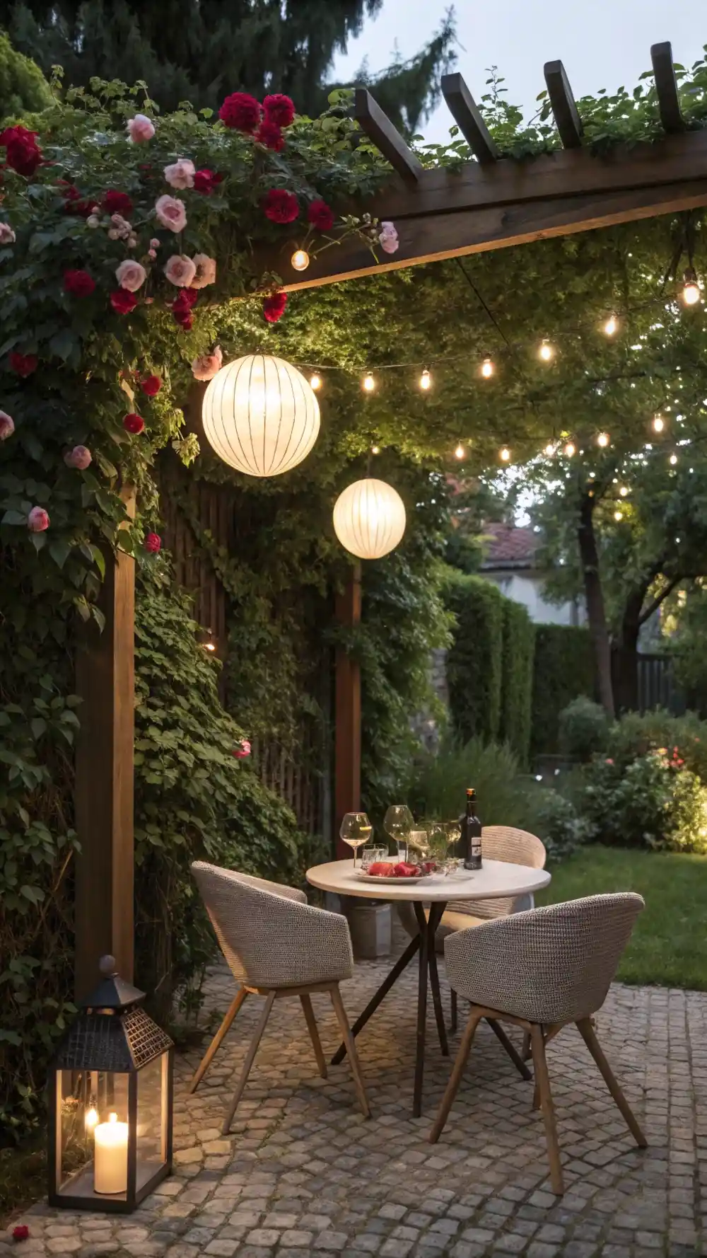 Globe String Lights Woven Through a Lush Green Trellis