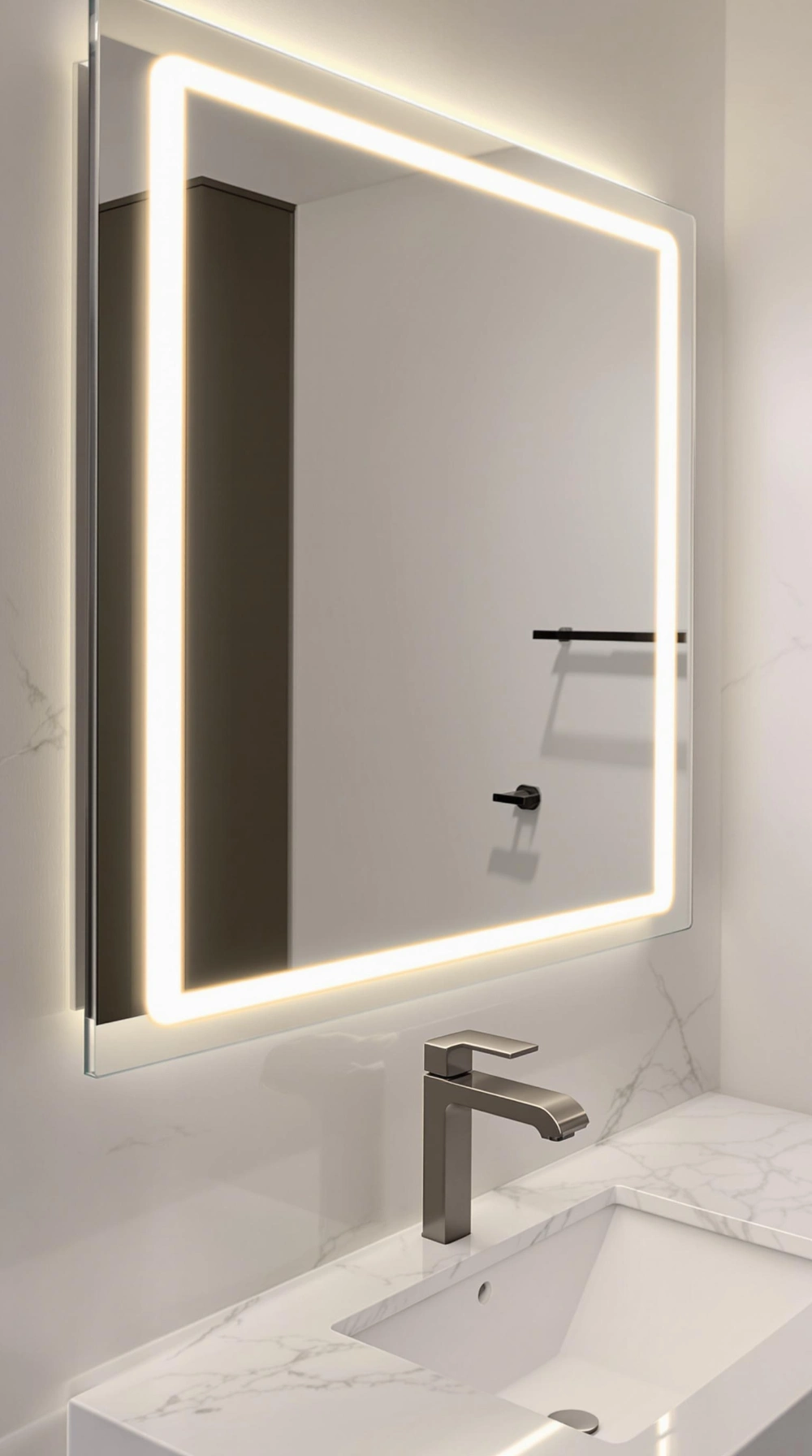 Minimalist LED Strip Above Frameless Mirror