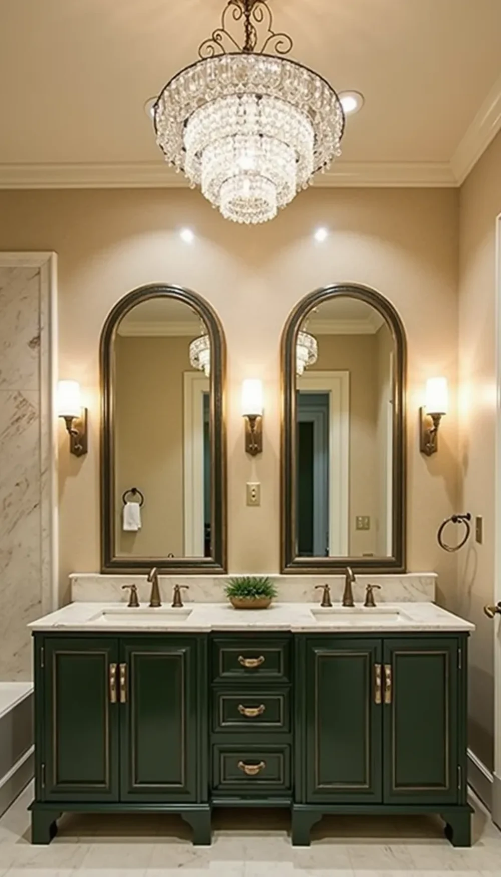 Multi-Tiered Chandelier Over Double Vanity Mirrors