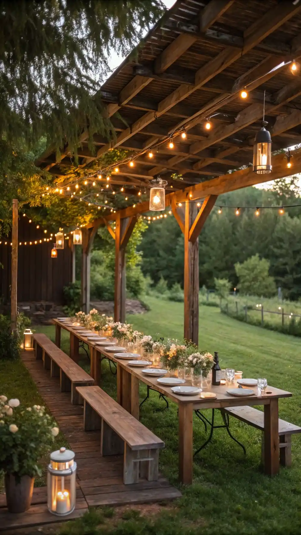 Rustic Barnyard String Lights Over a Garden Party