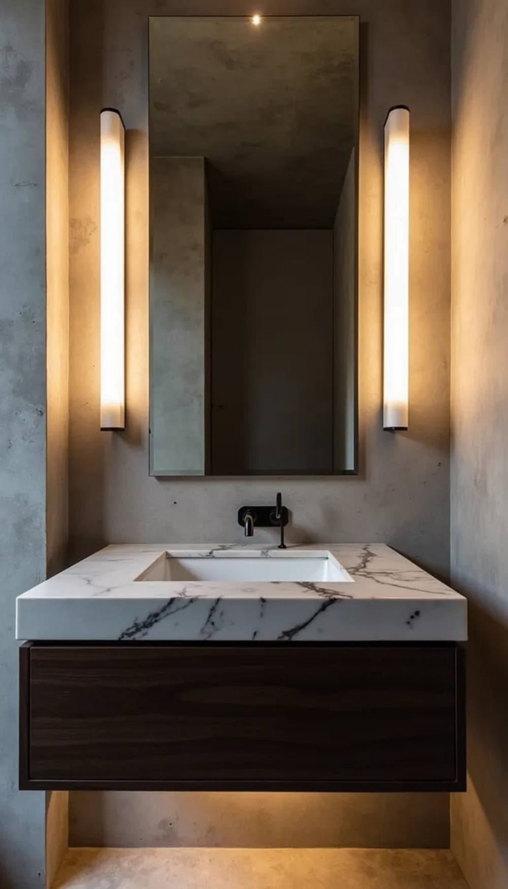 Vertical Tube Sconces on Either Side of a Frameless Mirror