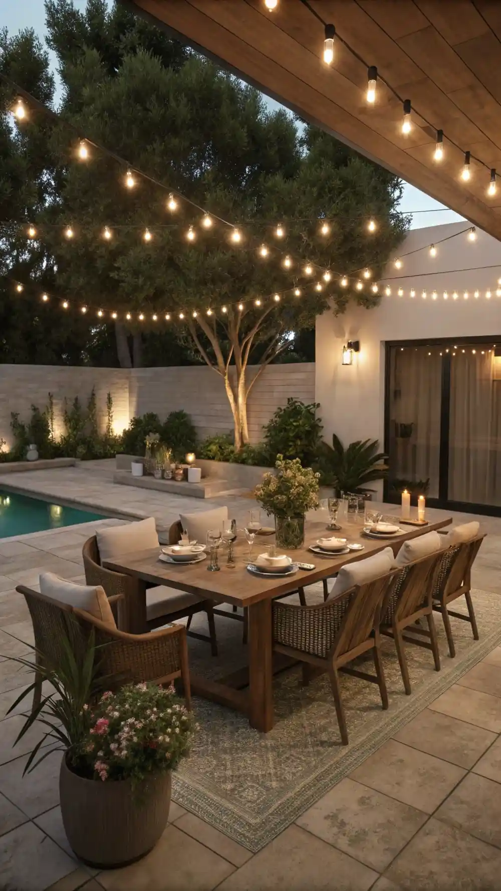 Zig-Zag Bistro Lights Over an Outdoor Dining Space