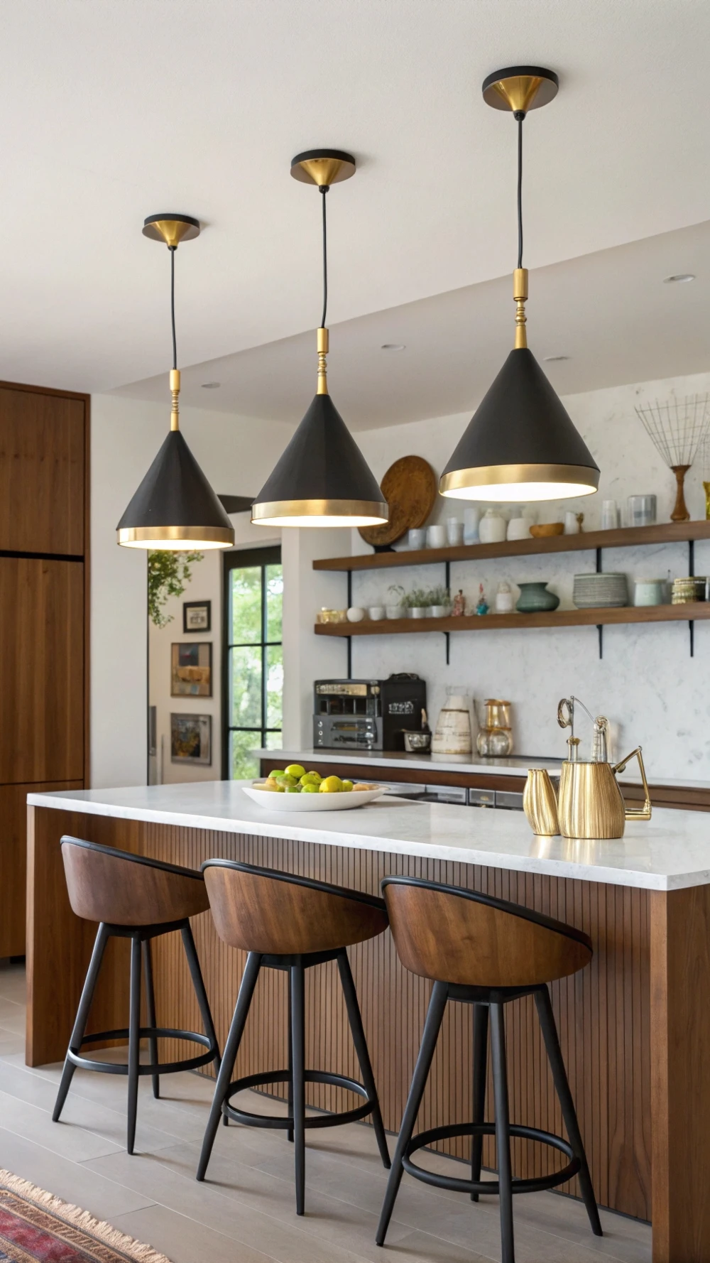 Atomic-Inspired Pendant Trio Over a Kitchen Island
