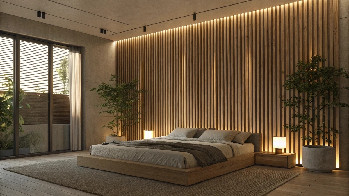 Backlit Wooden Slat Wall for a Zen Retreat