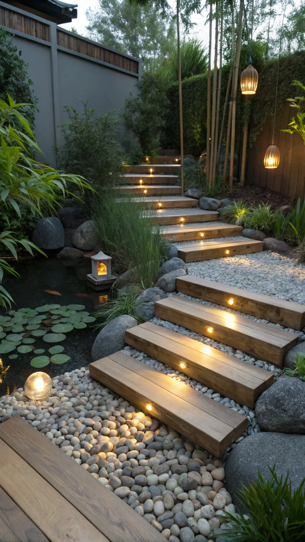 Bamboo-Embedded Step Lights for Zen Garden Stairs