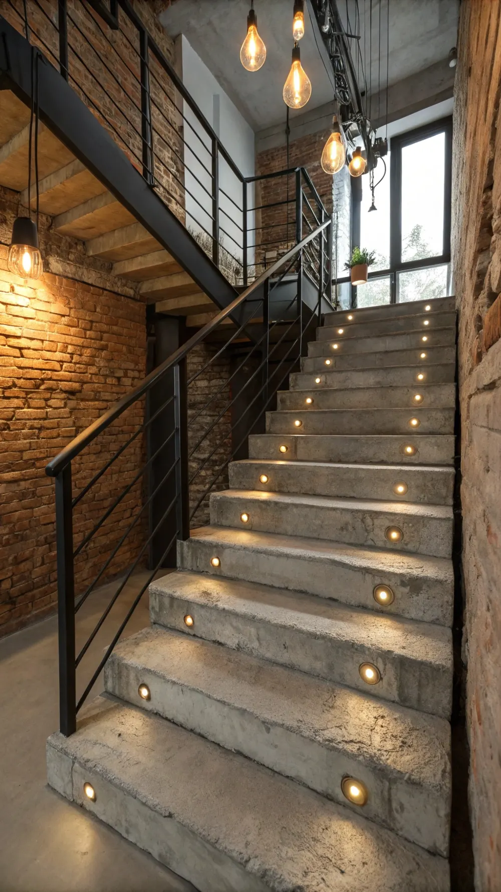 Concrete Industrial Staircase with Embedded Metal Step Lights