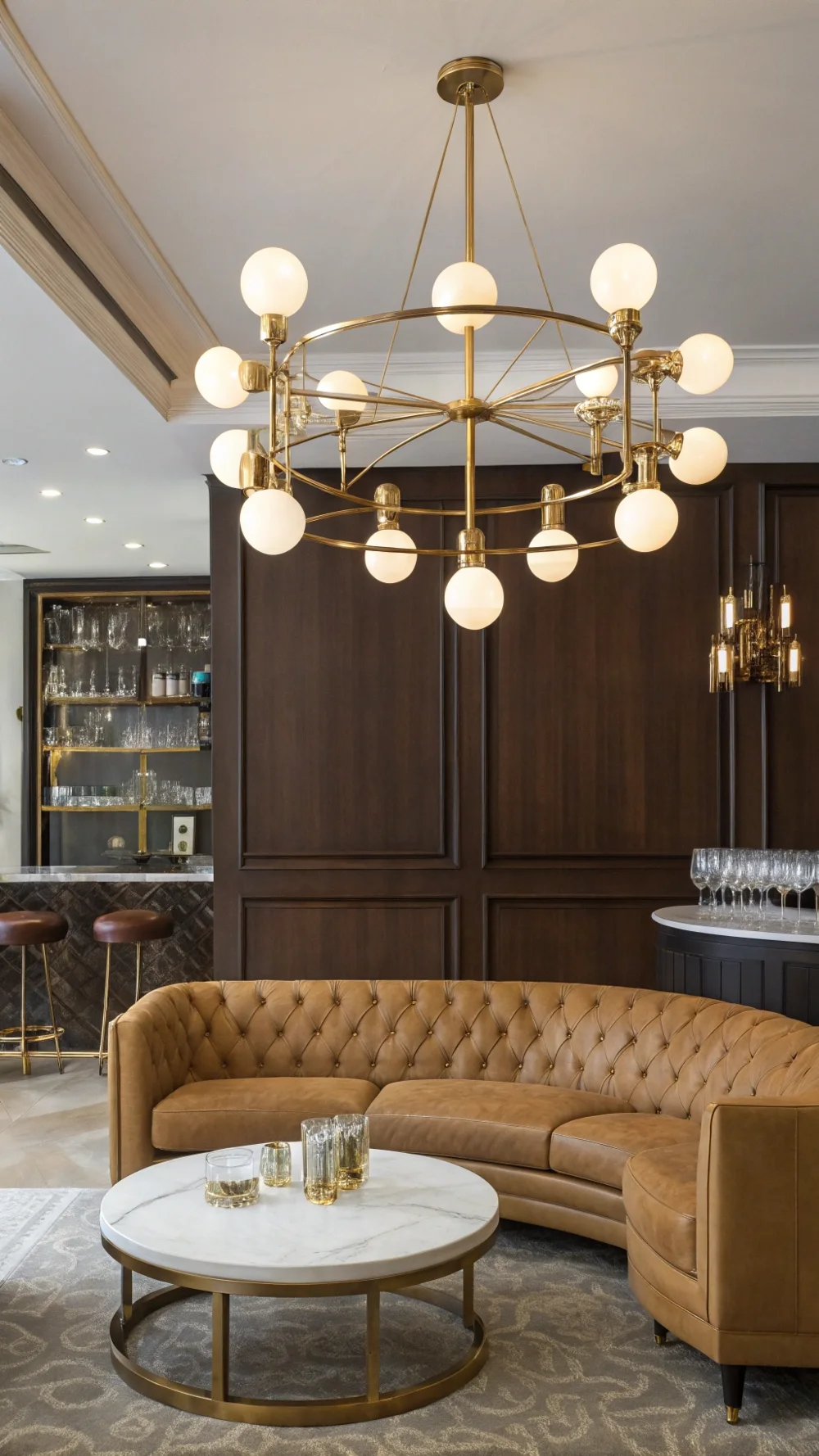 Gold-Plated Orb Chandelier in a Luxe Lounge
