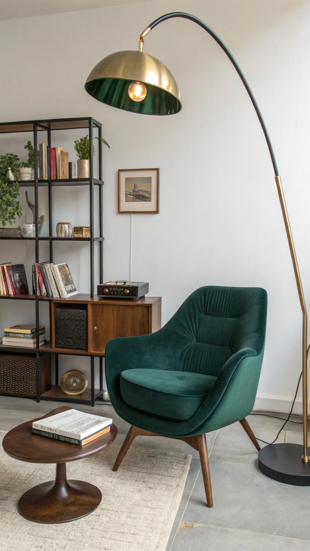 Oversized Arc Floor Lamp in a Cozy Reading Nook
