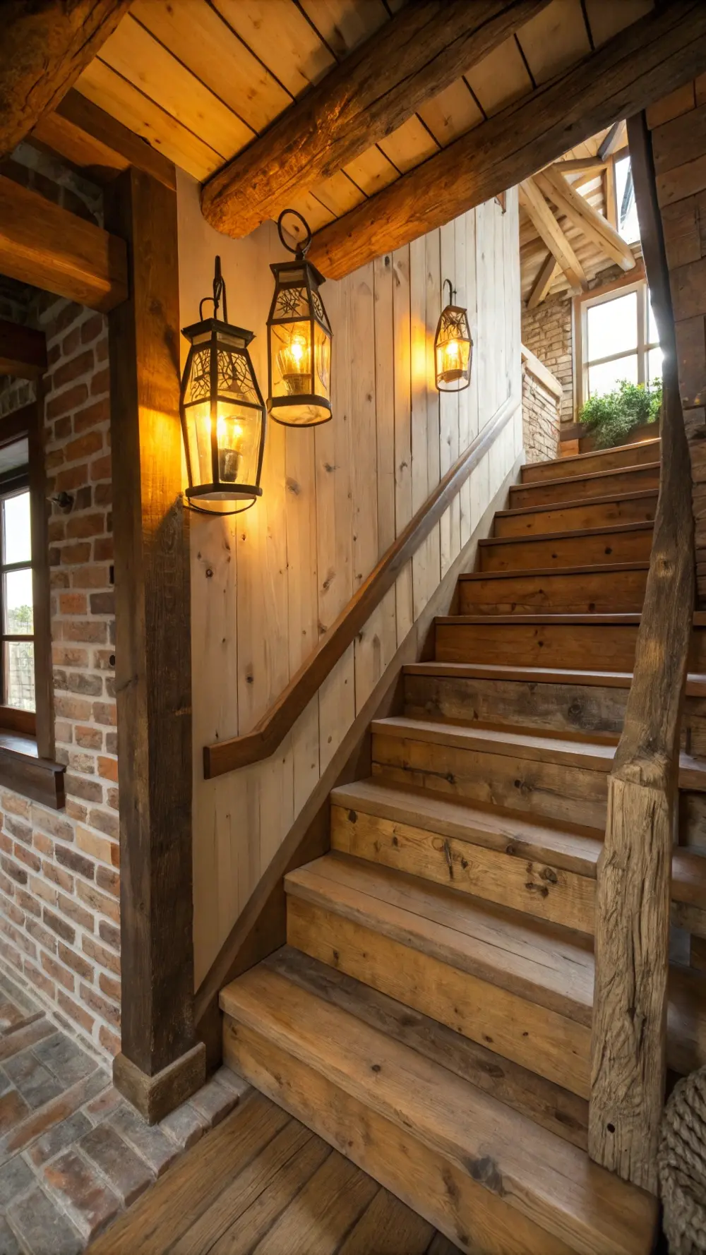 Rustic Wooden Staircase with Lantern-Style Step Lights
