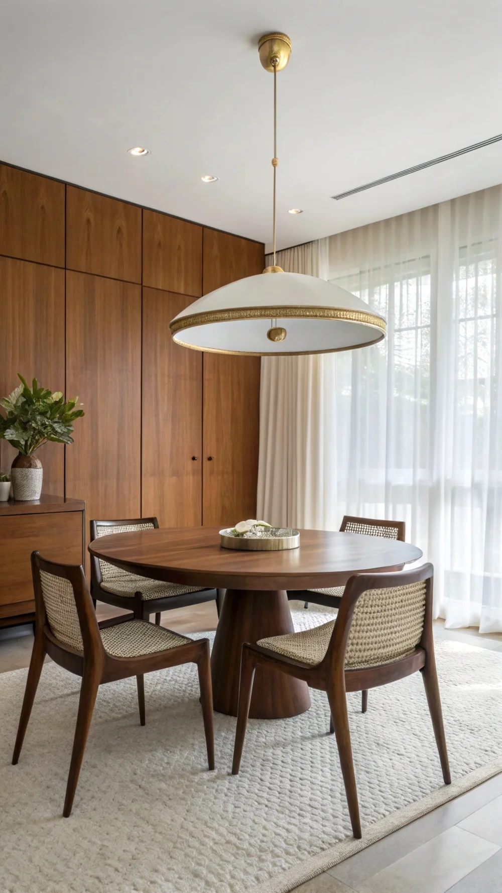 Saucer Pendant Light Over a Mid-Century Dining Set
