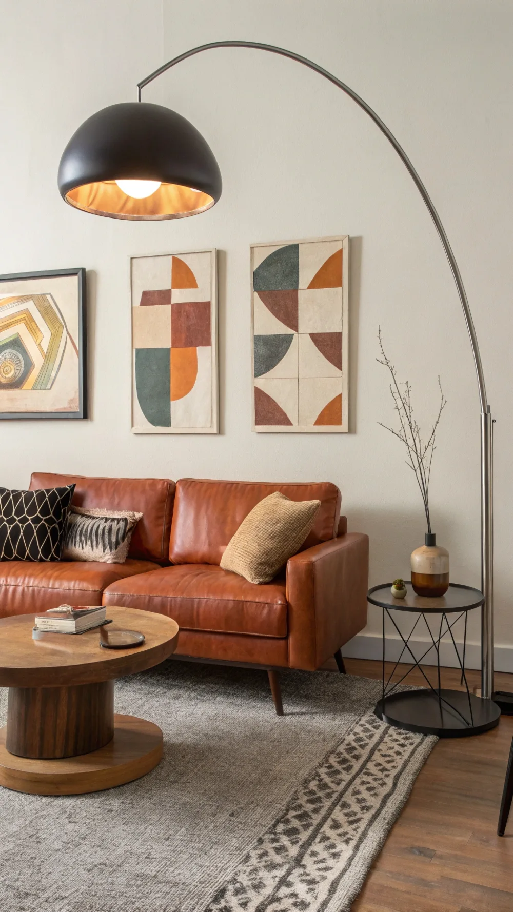 Sculptural Arc Lamp in a Cozy Living Room
