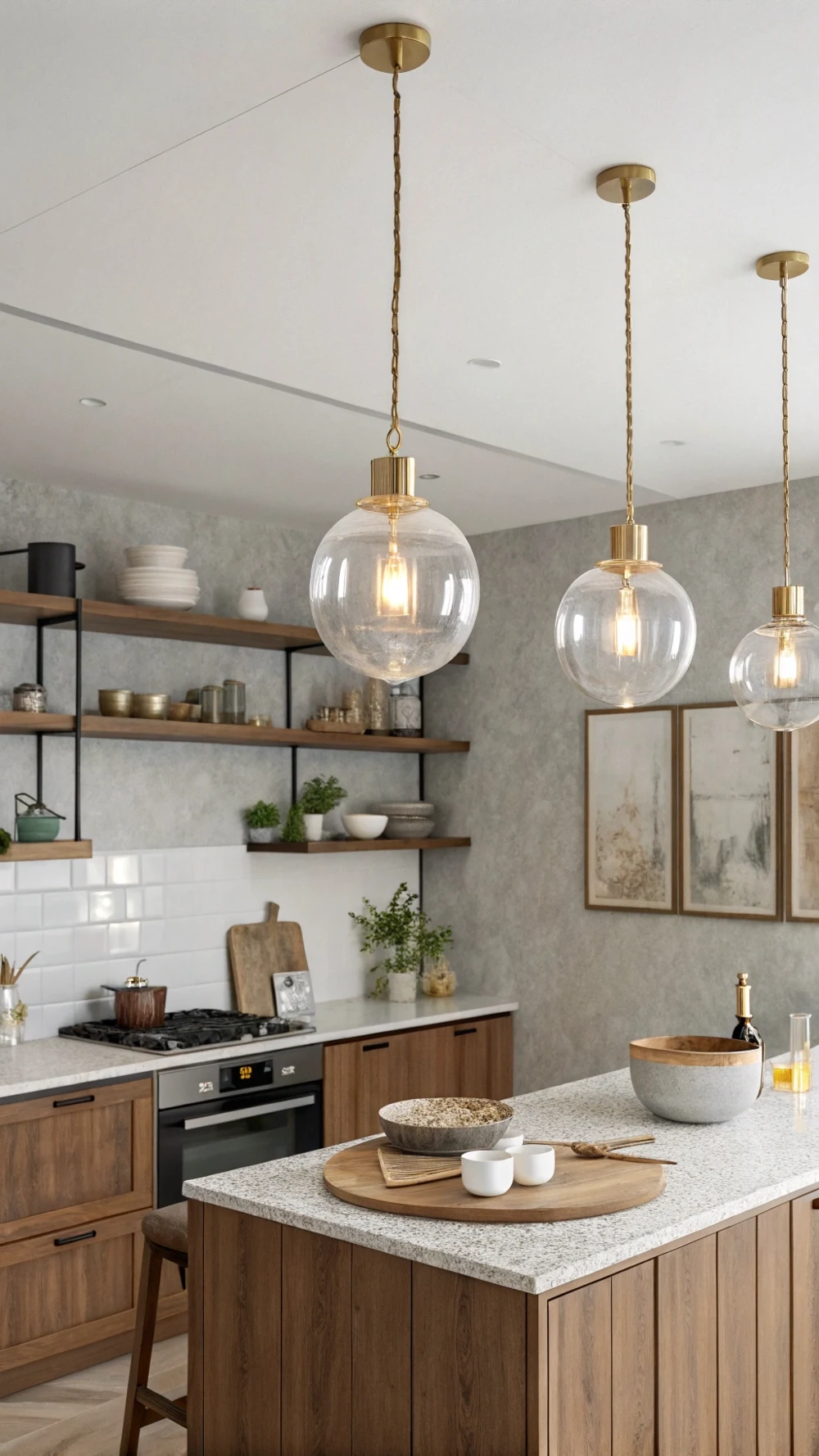 oating Glass Globe Pendants Over a Retro Kitchen Island