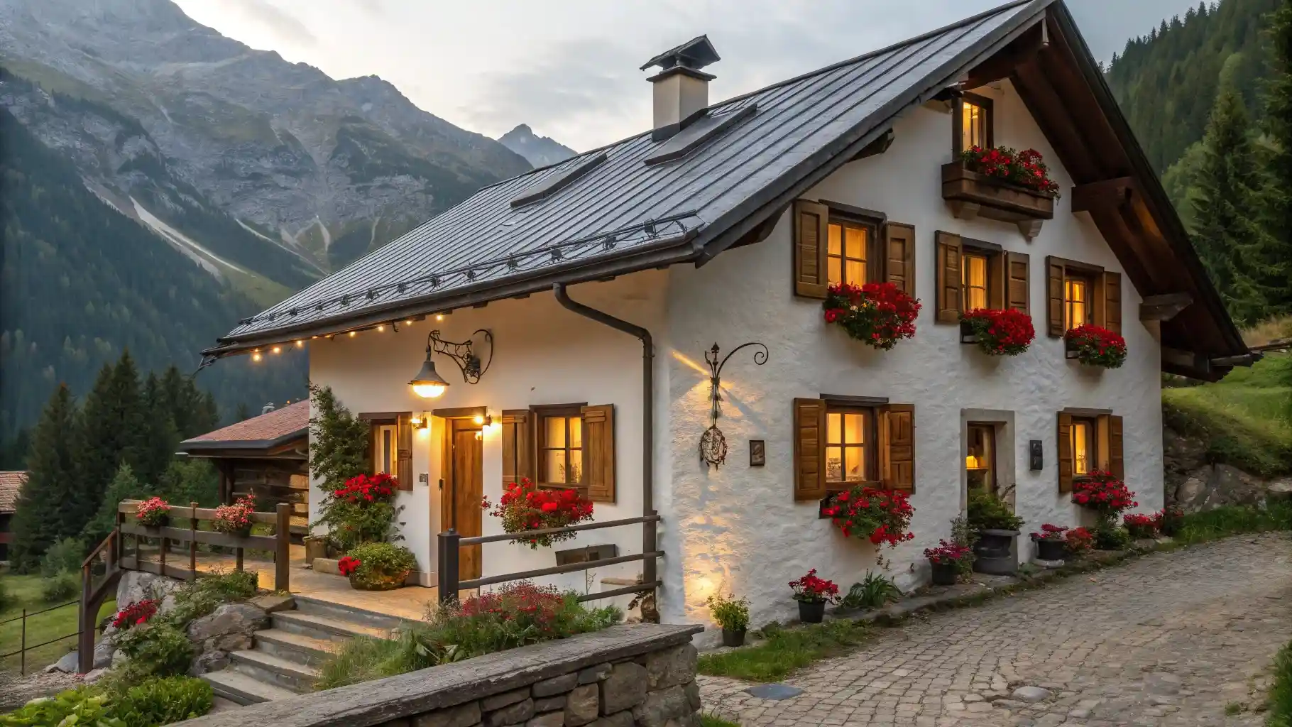 Alpine White Cottage with Red Geranium Window Boxes