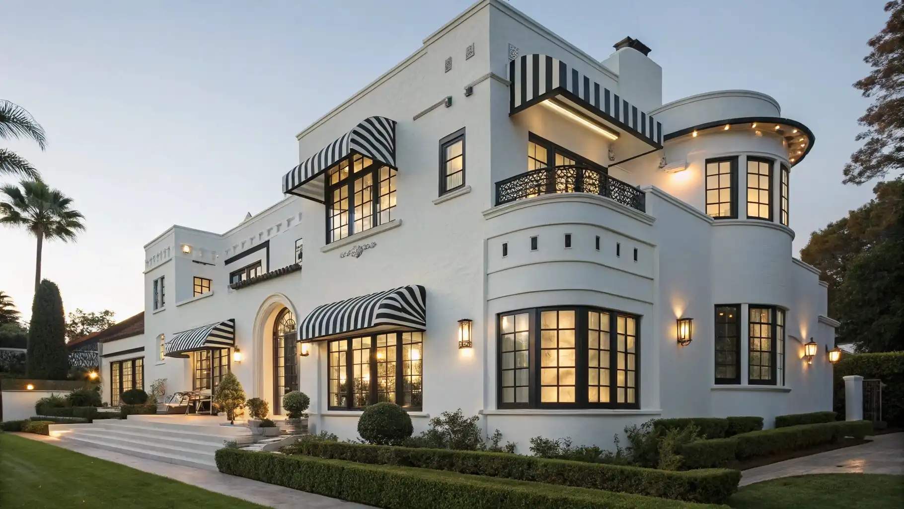 Art Deco Inspired White Villa with Black Striped Awnings