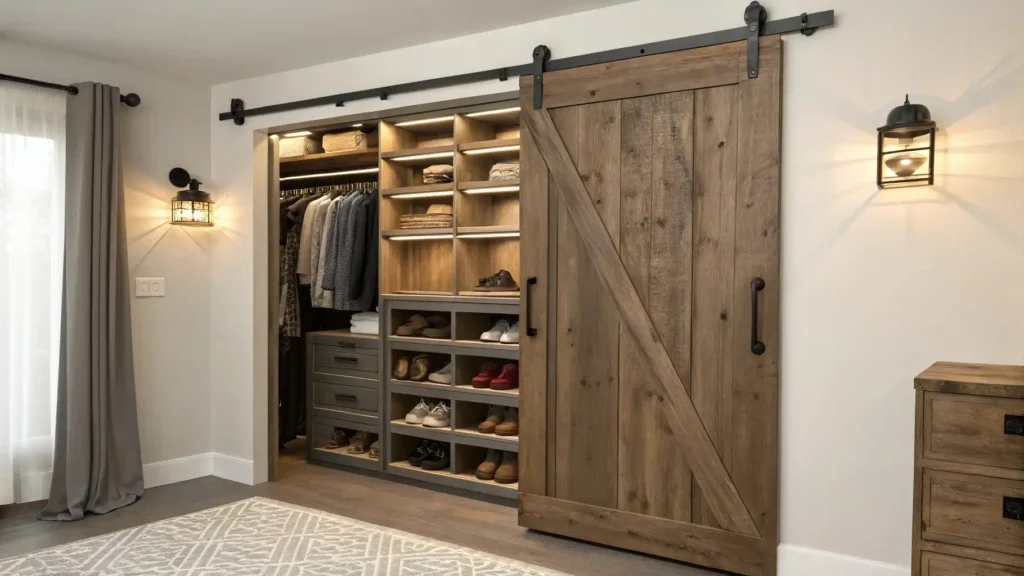 Barn Door Concealed Closet with Dedicated Shoe Storage