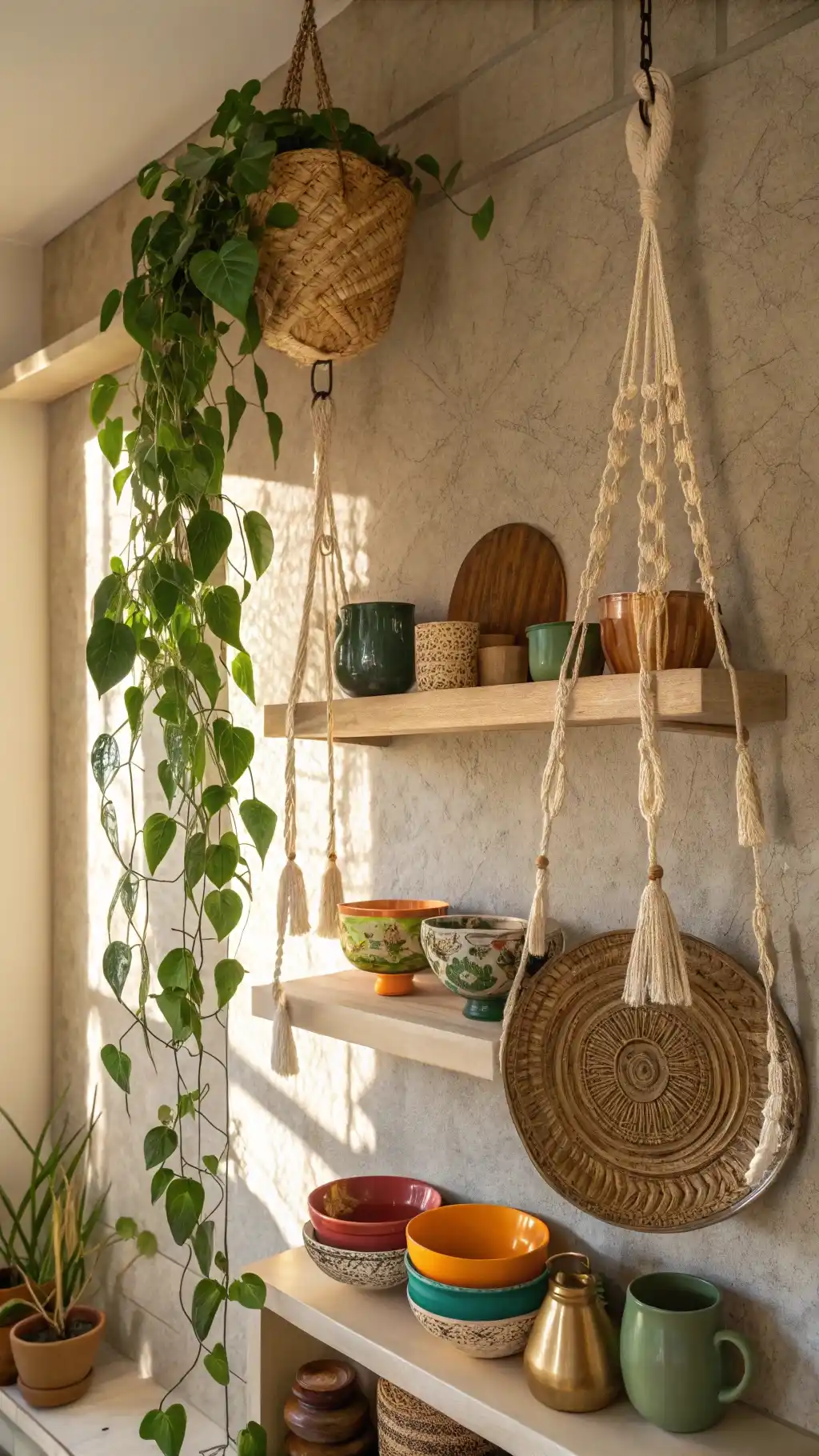 Bohemian Hanging Corner Shelves with Macrame Details
