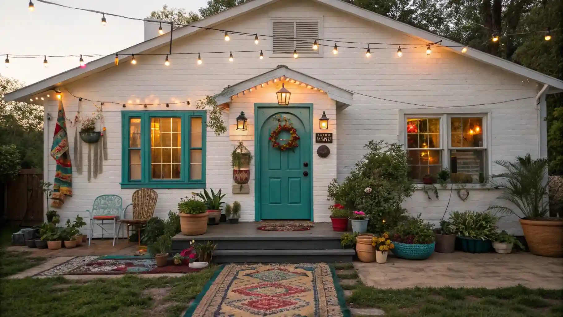 Bohemian White Cottage with Turquoise Door and String Lights