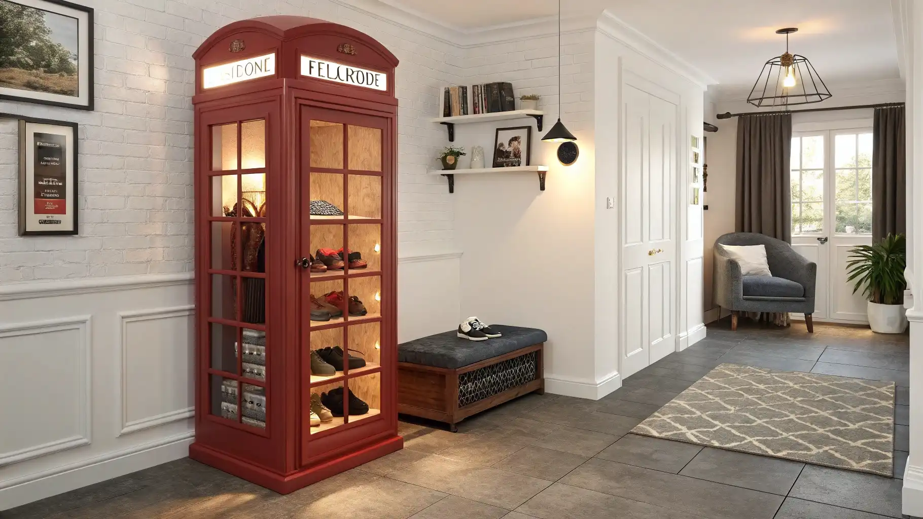 British Phone Booth Shoe Cabinet with Interior Lighting