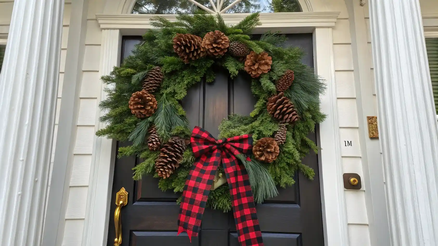 Buffalo Plaid Bow Wreath with Natural Pinecones