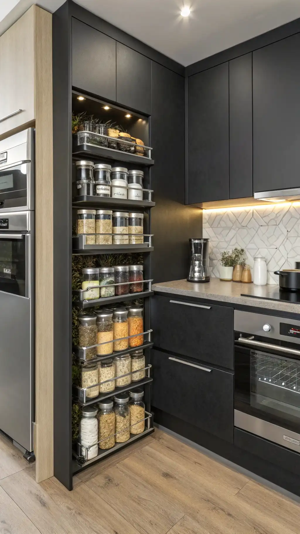 Built-In Corner Pantry with Pull-Out Shelving System
