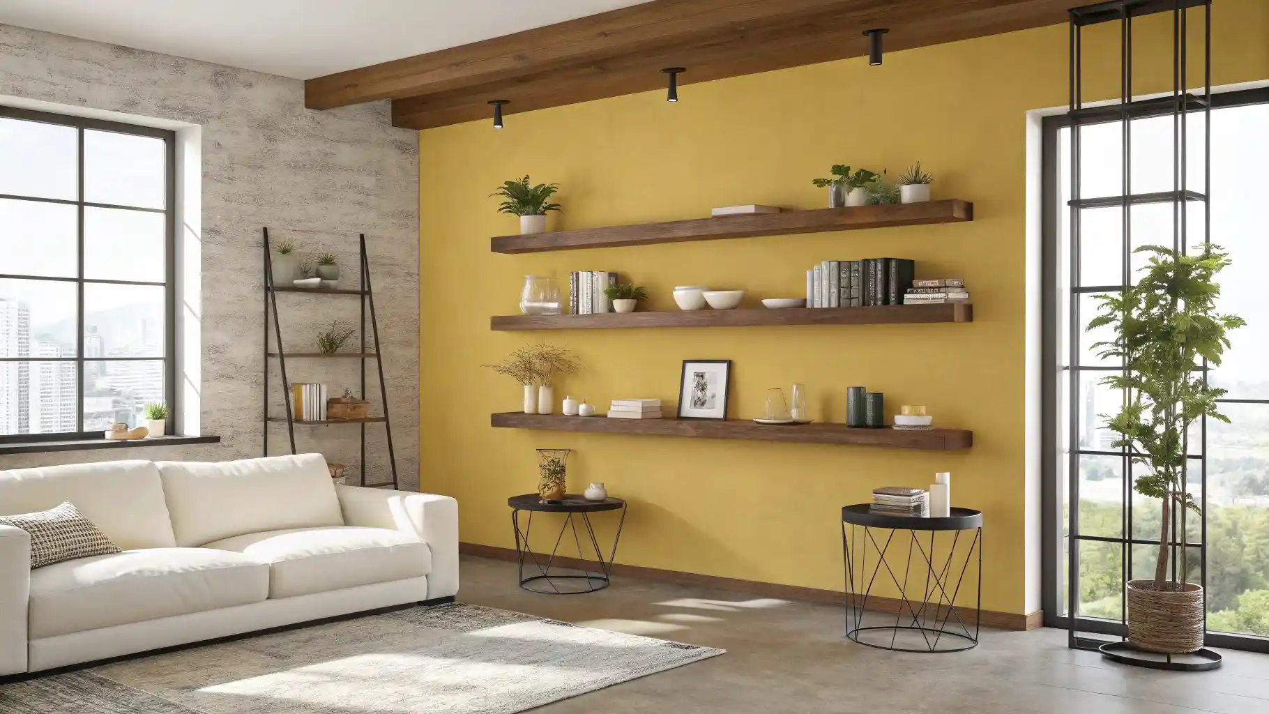 Butter Yellow Accent Wall with Floating Shelves