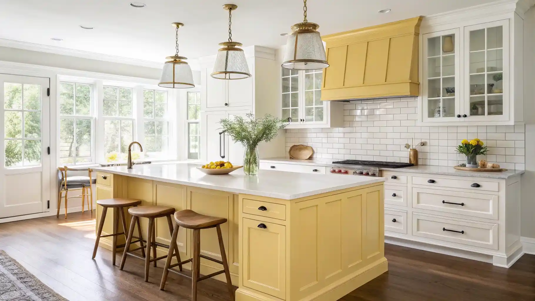 Butter Yellow Kitchen Island and Range Hood