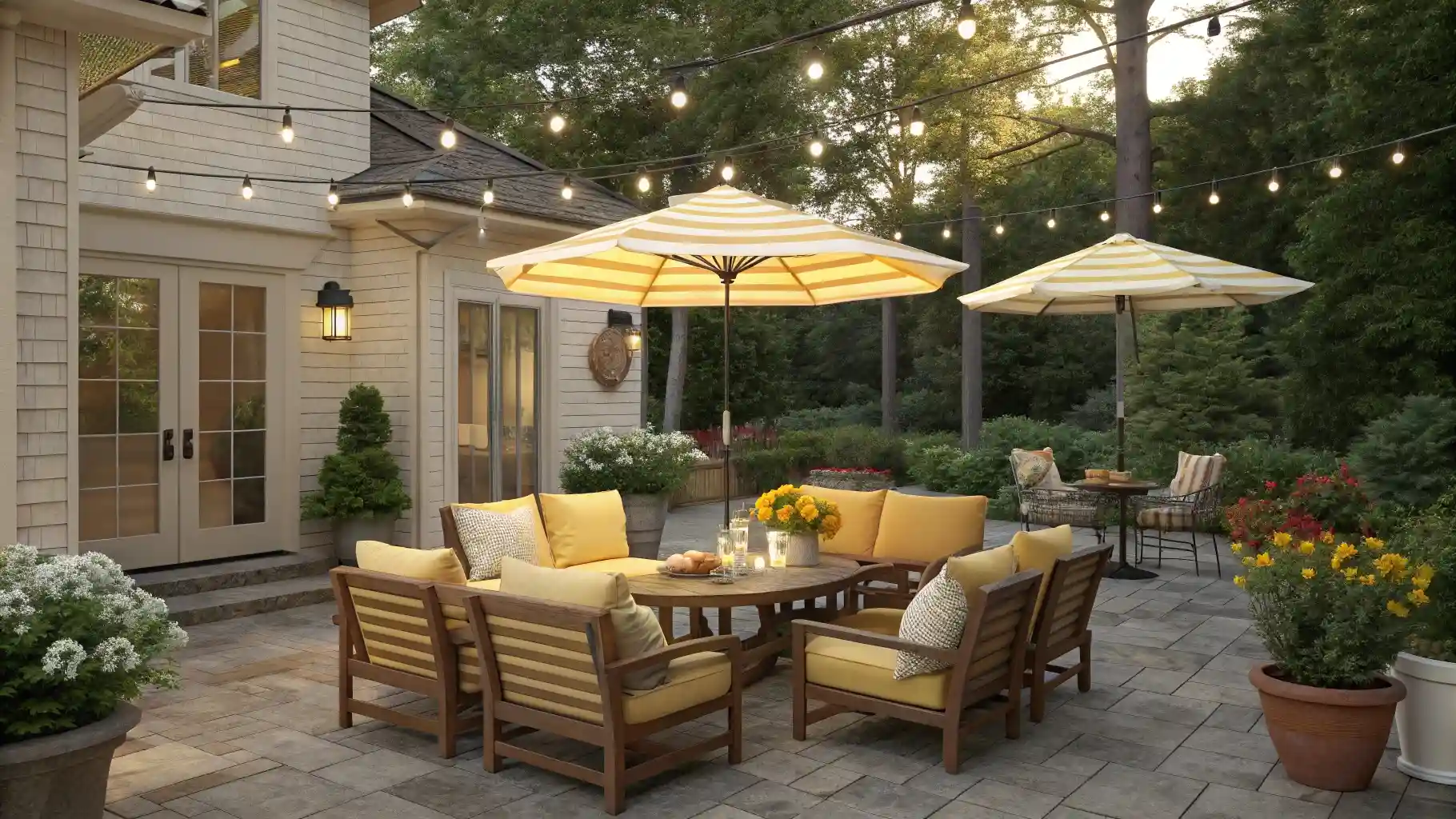 Butter Yellow Outdoor Patio Furniture and Striped Umbrellas