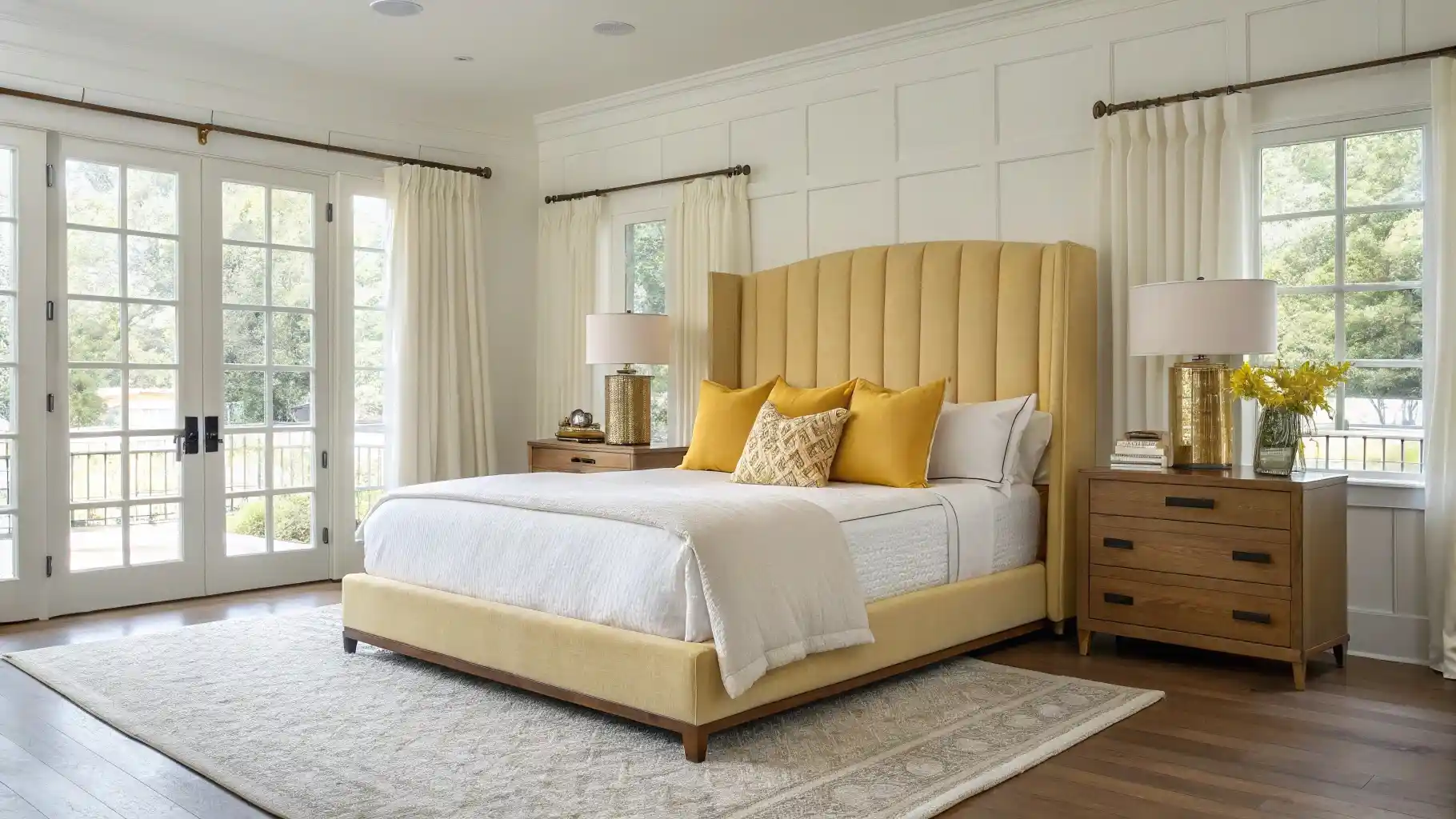 Butter Yellow Upholstered Bed with Channel Tufting