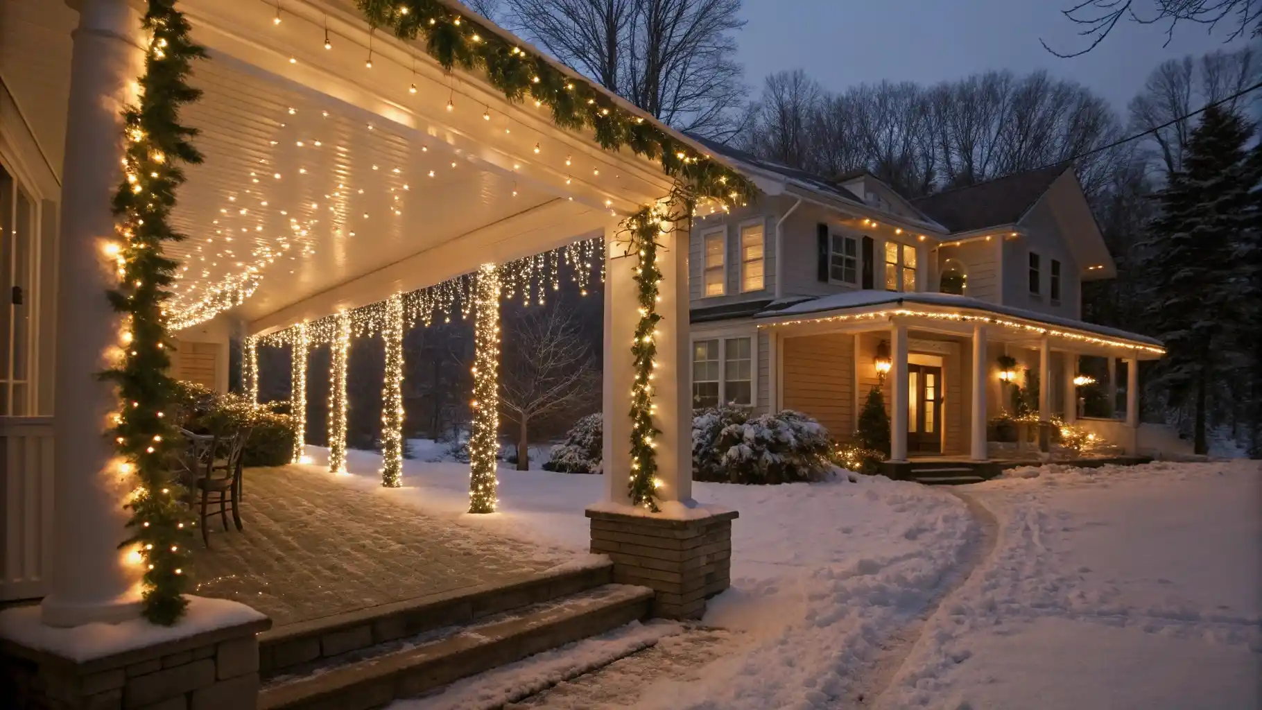 Cascading Icicle Light Curtains with Garland Trim