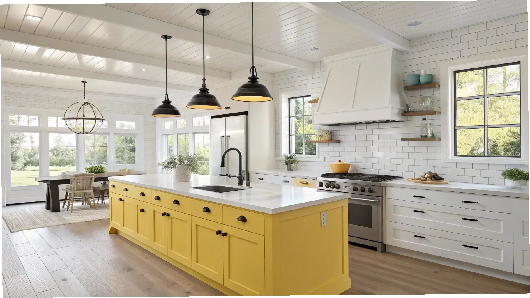 Cheerful Centerpiece: Bright Yellow Island in a White Kitchen
