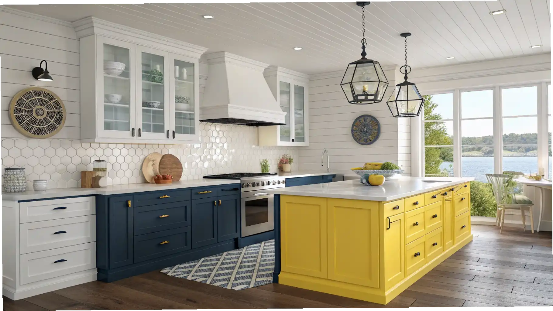 Coastal Contrast: Sunny Yellow Island in a Nautical Kitchen