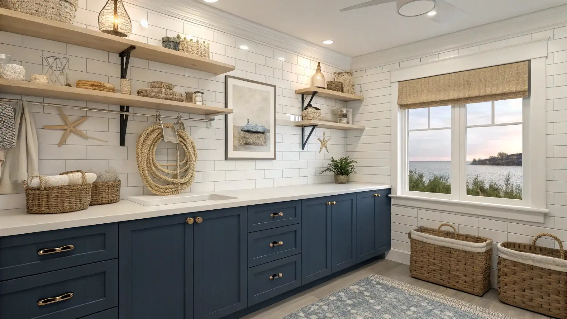 Coastal Cottage Laundry with Navy Blue Cabinetry