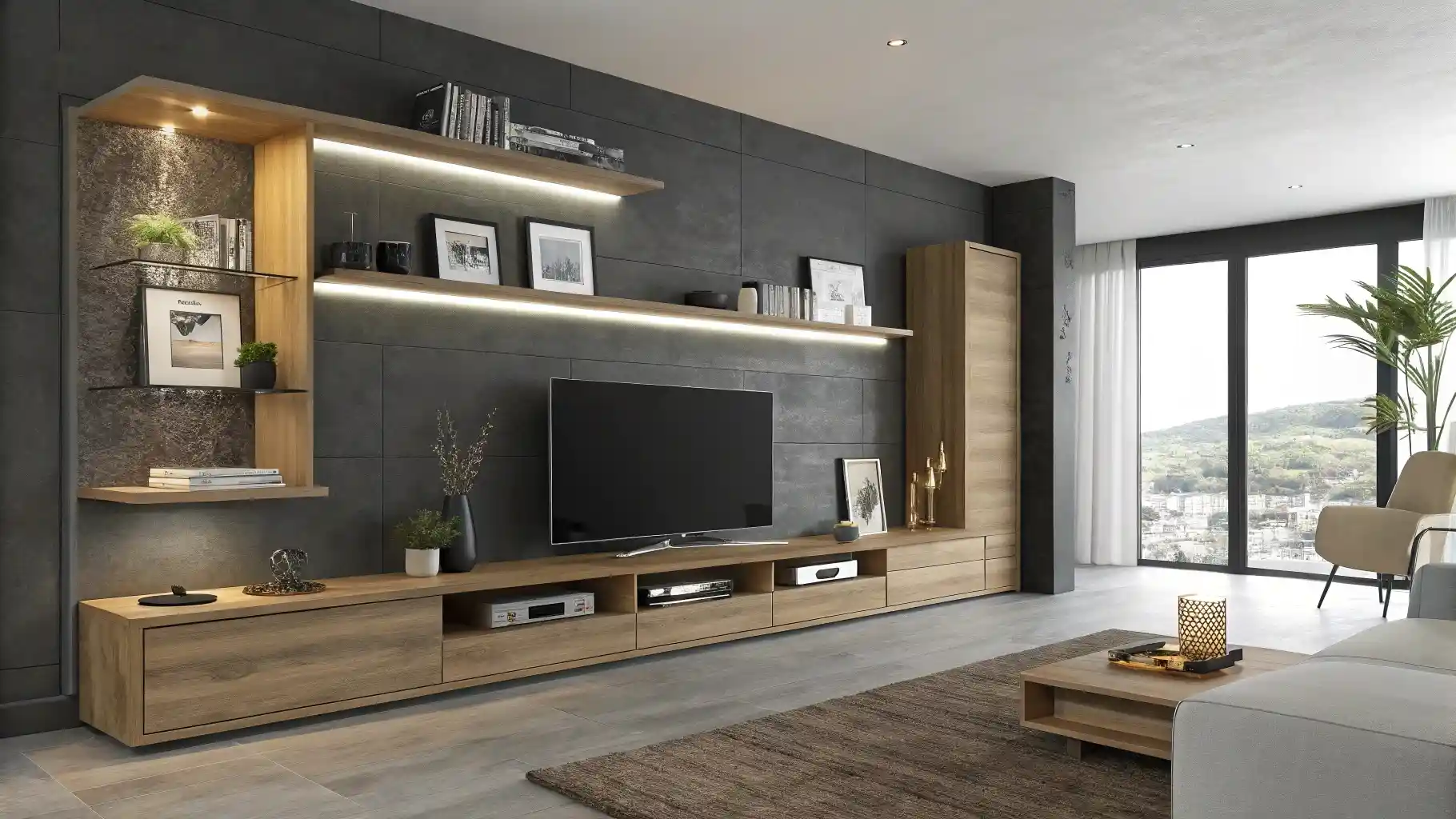 Comprehensive Wall-Mounted Entertainment System with Integrated Shelving